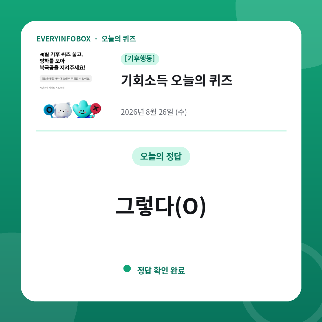 2026년 8월 26일 기후행동 기회소득 오늘의 퀴즈 정답: 그렇다(O)