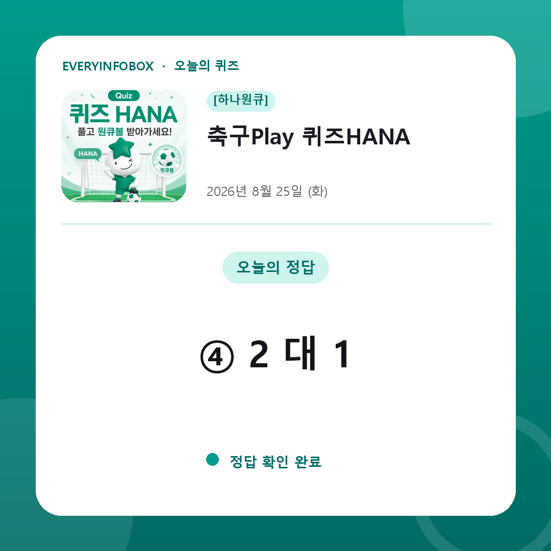 [하나원큐] 축구Play 퀴즈HANA 정답 · 8월 25일