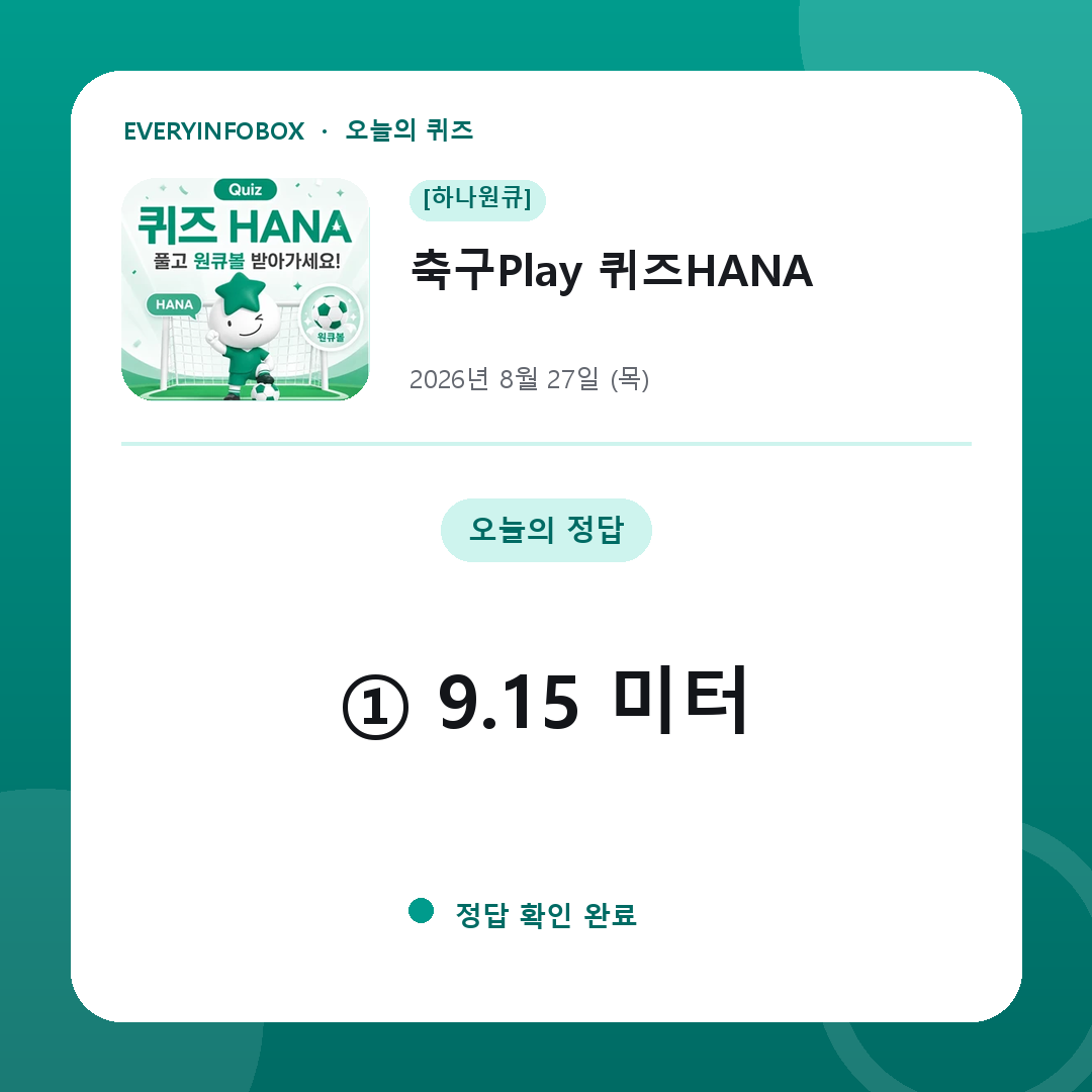 2026년 8월 27일 하나원큐 축구Play 퀴즈HANA 정답: ① 9.15 미터