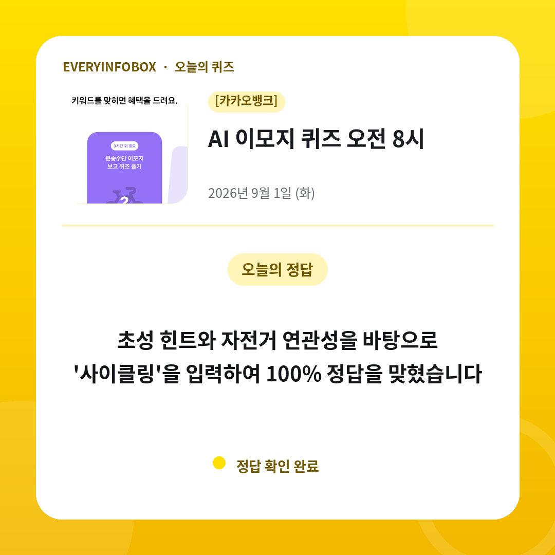 2026년 9월 1일 카카오뱅크 AI 이모지 퀴즈 오전 8시 정답: 초성 힌트와 자전거 연관성을 바탕으로 '사이클링'을 입력하여 100% 정답을 맞혔습니다