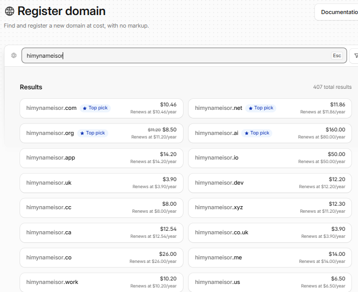 Cloudflare Registrar에서 같은 문자열로 닷컴, 닷넷, 닷오알지, 닷에이아이, 닷아이오, 닷엑스와이지 등 여러 도메인 확장자의 등록 가격과 연간 갱신 가격을 검색한 화면