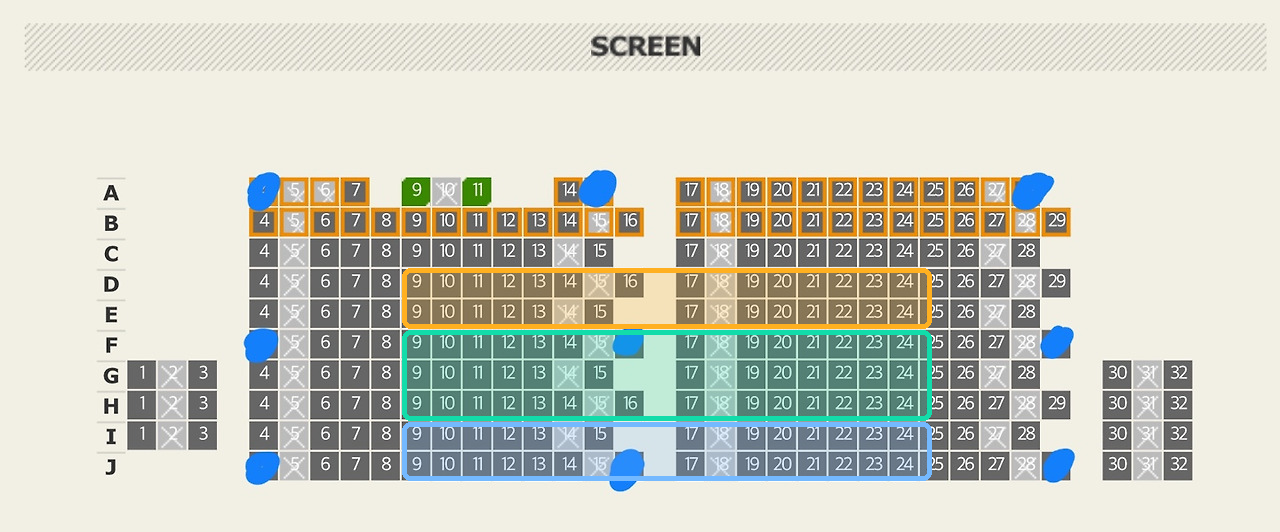 CGV 왕십리 IMAX 예매 화면의 실제 좌석표. A열부터 J열까지 있고 가운데 통로를 사이에 두고 4~16번과 17~29번 블록으로 나뉘며 D~E열, F~H열, I~J열의 9~24번 구간을 색으로 표시했다.